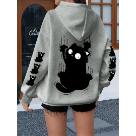 Women'S Plus Size Cat Drawing Print Hoodie, Casual Drawstring Hooded Long Sleeve Kangaroo Pocket Sweatshirt, Women'S Plus Size Clothing