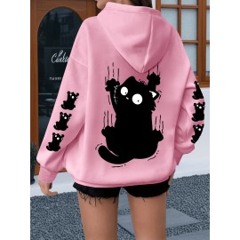 Women'S Plus Size Cat Drawing Print Hoodie, Casual Drawstring Hooded Long Sleeve Kangaroo Pocket Sweatshirt, Women'S Plus Size Clothing