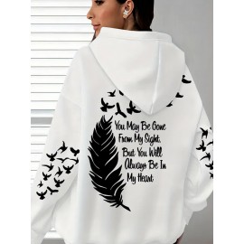 Women's Plus Size Soft Casual Hooded Sweatshirt with Artistic Back Print - Black & White & Bird Design, Kangaroo Pocket, Relaxed Fit, Machine Washable, All-Season Comfort, Ladies Sweatshirts, Decorative Text Design