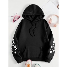 Women's Plus Size Soft Casual Hooded Sweatshirt with Artistic Back Print - Black & White & Bird Design, Kangaroo Pocket, Relaxed Fit, Machine Washable, All-Season Comfort, Ladies Sweatshirts, Decorative Text Design