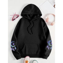 [Floral Moon Hoodie] Soft & Comfortable Plus Size Women's Floral Moon & Hoodie | Casual Long Sleeve Pullover with Pockets, Oversized Daily Wear, Purple & Blue Design
