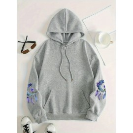 [Floral Moon Hoodie] Soft & Comfortable Plus Size Women's Floral Moon & Hoodie | Casual Long Sleeve Pullover with Pockets, Oversized Daily Wear, Purple & Blue Design