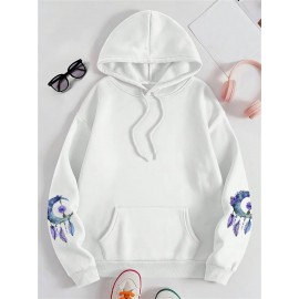 [Floral Moon Hoodie] Soft & Comfortable Plus Size Women's Floral Moon & Hoodie | Casual Long Sleeve Pullover with Pockets, Oversized Daily Wear, Purple & Blue Design