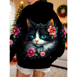 Plus Size - Women'S Plus Size Floral Cat Print Hoodie - Black Pullover Sweatshirt with Blue Eyes, Cozy Fall Winter Hooded Sweater for Everyday & Formal Outfits, Cute Cat Lover Gift, Casual Wear, Playful Design, Comfortable Fabric, Stylish Hooded Top, Fashion Enthusiasts, Cat Sqeatshirt, Curvy Sweatshirt For Women, Hoodie For Women Plus Size, Sweatshirt For Women, Pull For Women Plus Size, Pullover Women Large Size, Sweatshirt Women Large Size, Hoodie Women Large Size
