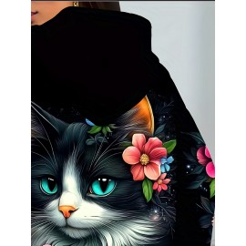 Plus Size - Women'S Plus Size Floral Cat Print Hoodie - Black Pullover Sweatshirt with Blue Eyes, Cozy Fall Winter Hooded Sweater for Everyday & Formal Outfits, Cute Cat Lover Gift, Casual Wear, Playful Design, Comfortable Fabric, Stylish Hooded Top, Fashion Enthusiasts, Cat Sqeatshirt, Curvy Sweatshirt For Women, Hoodie For Women Plus Size, Sweatshirt For Women, Pull For Women Plus Size, Pullover Women Large Size, Sweatshirt Women Large Size, Hoodie Women Large Size