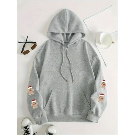 Plus Size, Women's Oversized Christmas Gingerbread Cookie Print Hooded Sweatshirt - Soft Long Sleeve Pullover with Pocket, Merry Christmas Lettering & Plaid Snowflake Design, Cozy Casual Holiday Sweater for Casual Attire (Machine Washable)