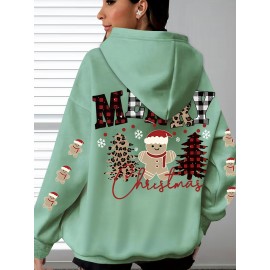 Plus Size, Women's Oversized Christmas Gingerbread Cookie Print Hooded Sweatshirt - Soft Long Sleeve Pullover with Pocket, Merry Christmas Lettering & Plaid Snowflake Design, Cozy Casual Holiday Sweater for Casual Attire (Machine Washable)