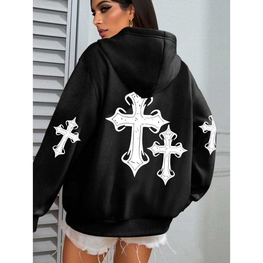[Faithinspired Plus Size Hoodie] Faithinspired Plus Size Women's Elegant Casual Hooded Sweatshirt - Black Cross Print Long Sleeve Pullover, Cozy Fall & Winter Machine Washable Hoodie, Soft Fabric, Stylish, Durable Construction