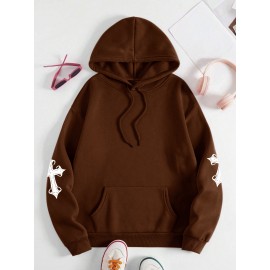 [Faithinspired Plus Size Hoodie] Faithinspired Plus Size Women's Elegant Casual Hooded Sweatshirt - Black Cross Print Long Sleeve Pullover, Cozy Fall & Winter Machine Washable Hoodie, Soft Fabric, Stylish, Durable Construction