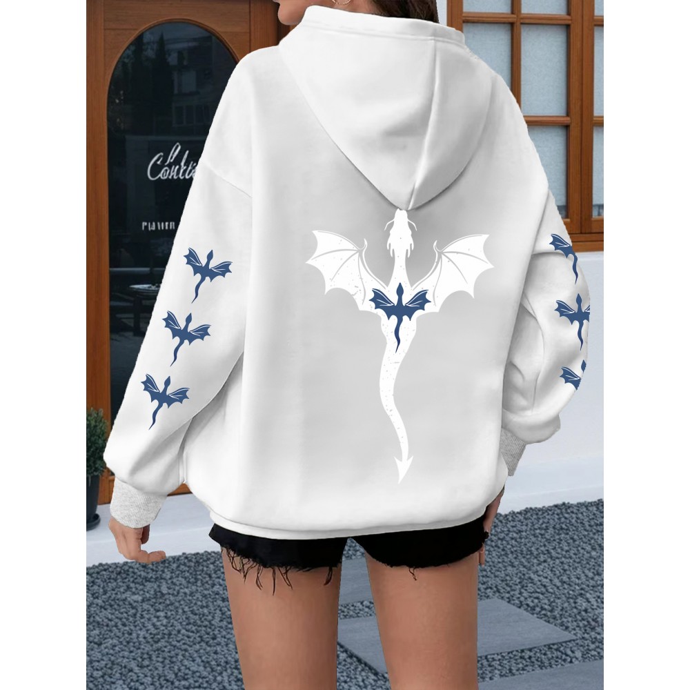 [Dragon Print Hoodie] Plus Size Dragon Print Hoodie - Casual Long Sleeve Pullover with Drawstring, Kangaroo Pocket - 100% Polyester, Slight Stretch, All Season Knit Fabric Hooded Sweatshirt