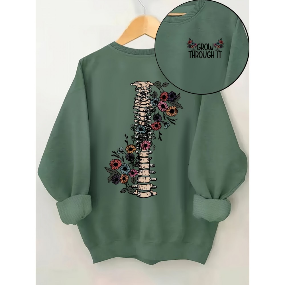 Stylish Plus Size Floral & Skeleton Print Crew Neck Sweatshirt - Women's Casual Long Sleeve Clothing for Plus Size Figures - Soft, Cozy, and Relaxed Fit for Everyday Wear