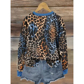 Plus Size, Women's Leopard Print Sweatshirt - Bold Black, Relaxed Fit Long Sleeve Pullover Sweater, Machine Washable Everyday Casual Outfit Essential for Women, Seasonal Fashion, Trendy Design, Soft Material, Printed Sweater, Adults