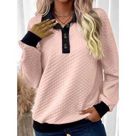 Plus Size - Plus Size Women'S Textured Button-Up Long Sleeve Sweatshirt - Relaxed Fit, Contrast Trim, Medium Stretch, All-Season Casual Pullover with Wide Collar, Machine Washable, Cute Sweatshirts, Versatile Clothing, Chic Style, Mediumstretch Fabric, Durable Clothing