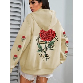 Plus Size Floral Rose Print Hoodie - Cozy, Stylish, 100% Polyester Knit Fabric, Slight Stretch for Fall/Winter
