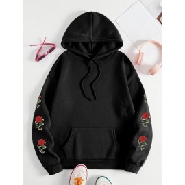 Plus Size Floral Rose Print Hoodie - Cozy, Stylish, 100% Polyester Knit Fabric, Slight Stretch for Fall/Winter