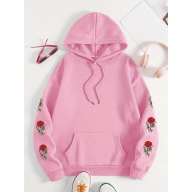 Plus Size Floral Rose Print Hoodie - Cozy, Stylish, 100% Polyester Knit Fabric, Slight Stretch for Fall/Winter