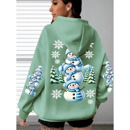 [Cozy Snowman Hoodie] Cozy Oversized Women's Mint Green Snowman & Snowflake Print Hoodie | Soft Casual Long Sleeve Pullover with Pockets, Machine Washable, Winter Accessories, Comfortable Clothing, Playful Graphic Design, Durable Fabric