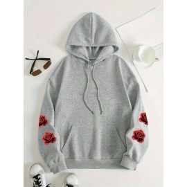 [Floral Print Hoodie] Women's Plus Size Floral Print Hoodie - Cozy Long Sleeve Pullover with Pockets, Soft Casual Wear, Brown with Red Roses and Green Leaves Design, Allseason Hoodie | Stylish Casualwear | Comfortable Fabri