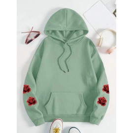 [Floral Print Hoodie] Women's Plus Size Floral Print Hoodie - Cozy Long Sleeve Pullover with Pockets, Soft Casual Wear, Brown with Red Roses and Green Leaves Design, Allseason Hoodie | Stylish Casualwear | Comfortable Fabri