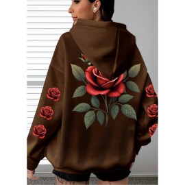 [Floral Print Hoodie] Women's Plus Size Floral Print Hoodie - Cozy Long Sleeve Pullover with Pockets, Soft Casual Wear, Brown with Red Roses and Green Leaves Design, Allseason Hoodie | Stylish Casualwear | Comfortable Fabri