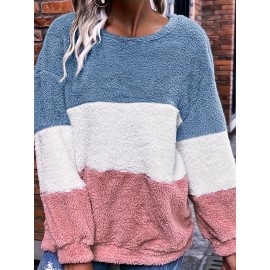 [Plus Size Fleece Hoodie] Cozy Plus Size Women's Plush Fleece Hoodie | Color Block Striped Loose Fit Pullover, Round Neck & Machine Washable | Casual Fall Winter Fashion Top, Comfortable Clothing, Nontransparent Material