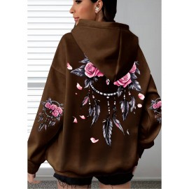 [Pink Oversized Hoodie] Soft Women's Oversized Hoodie | Floral Turtle Graphic Print Long Sleeve Pocket Sweatshirt, Pink All-Season Comfort Fit, Everyday Comfort Wear, Quality Casualwear