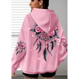 [Pink Oversized Hoodie] Soft Women's Oversized Hoodie | Floral Turtle Graphic Print Long Sleeve Pocket Sweatshirt, Pink All-Season Comfort Fit, Everyday Comfort Wear, Quality Casualwear