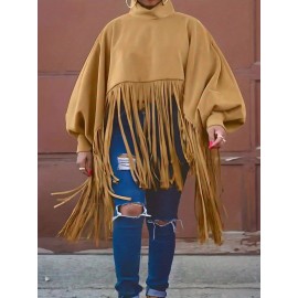 [Plus Size Tassel Top] Plus Size Women's Tassel Top - Vibrant Red Retro Chic Oversized High Neck Long Sleeve Blouse | Batwing Sleeves, Flowy Fabric, Stretchy Machine-Washable | Party & Banquet, Festive Outfit, Fall/Winter Fashion, Casual & Formal Events