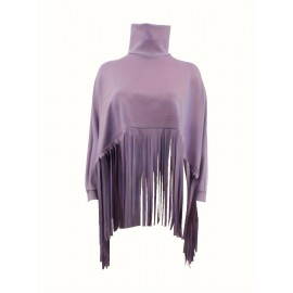 [Plus Size Tassel Top] Plus Size Women's Tassel Top - Vibrant Red Retro Chic Oversized High Neck Long Sleeve Blouse | Batwing Sleeves, Flowy Fabric, Stretchy Machine-Washable | Party & Banquet, Festive Outfit, Fall/Winter Fashion, Casual & Formal Events