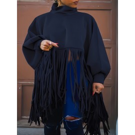 [Plus Size Tassel Top] Plus Size Women's Tassel Top - Vibrant Red Retro Chic Oversized High Neck Long Sleeve Blouse | Batwing Sleeves, Flowy Fabric, Stretchy Machine-Washable | Party & Banquet, Festive Outfit, Fall/Winter Fashion, Casual & Formal Events