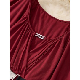 Plus Size - Elegant Plus Size V-Neck Long Sleeve Top with Heart Waist Belt - Stretchy Solid Color, Asymmetrical Hem, All-Season Fashion, Versatile for Casual or Formal Wear, Versatile Fashion | Asymmetrical Hemline | Comfortable Fit