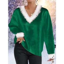 [Christmas | Plus Size Sweater] Plus Size Women's Elegant Christmas Sweater - Long Sleeve Round Neck Winter Warmth with Collar Trim, Stretchy Fabric for Holiday Parties & Casual Attire, Red & Contrast Collar