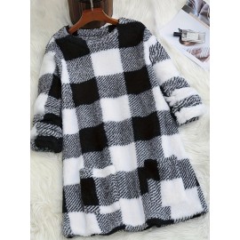 Plus Size - Women'S Plus Size Plaid Sweater - Cozy Fleece-Lined Long Sleeve Round Neck Top with Pockets, Casual Fall/Winter Wear