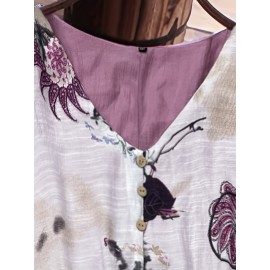 Plus Size - Plus Size, Women'S Plus Size V-Neck Floral Print Blouse - Casual Loose Fit, Asymmetrical Hem, Lightweight Non-Stretch Fabric, Spring Fashion Top with Butterfly & Floral Design, Ladies Blouses, Vneck Blouse, Printed Blouse, Gentle Loungewear, Soft Texture, Worn with Office Lounge, Ideal Women Gift, Top Tees, Work Wardrobe, Made from Solid Machine Washable High Soft Fabric Casually Sweptforward Design