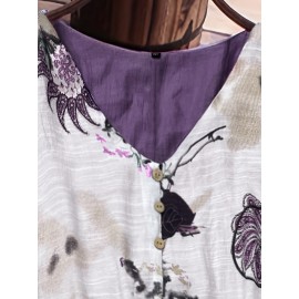 Plus Size - Plus Size, Women'S Plus Size V-Neck Floral Print Blouse - Casual Loose Fit, Asymmetrical Hem, Lightweight Non-Stretch Fabric, Spring Fashion Top with Butterfly & Floral Design, Ladies Blouses, Vneck Blouse, Printed Blouse, Gentle Loungewear, Soft Texture, Worn with Office Lounge, Ideal Women Gift, Top Tees, Work Wardrobe, Made from Solid Machine Washable High Soft Fabric Casually Sweptforward Design