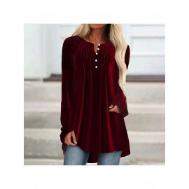 Plus Size, Womens Velvet Fall Winter Shirt V-Neck Button Detail, Draped Front, Easy Pair with Jeans/Skirts, Asymmetrical Hem for Office/Casual, Casual Outfit, Winter Wardrobe, Asymmetrical Design, Vneck Blouse, Cozy Texture, Premium Material, Long Sleeve Top, Versatile Top, Fashion Women, Plus Size