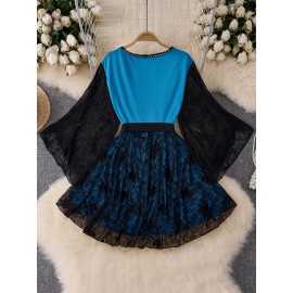 Plus Size - Elegant Plus Size Women'S Christmas Dress with Lace Trim and Belted Waist - Navy Blue Floral Print, Long Sleeve, Round Neck, Perfect for Spring/Fall Holiday Celebrations, Holiday Attire|Floral Print Dress|Lace Trim Dress