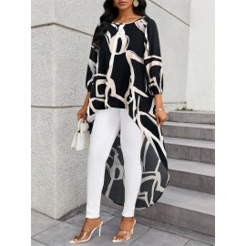 Plus Size, Plus Size Women's Elegant Oversized Asymmetrical Hem Blazer-like Jacket - Black/White/Beige/ Geometric Print Long Sleeve Coat, Machine Washable Loose-Fit Top for Spring/Fall, Casual & Formal Events (No Chest Padding)