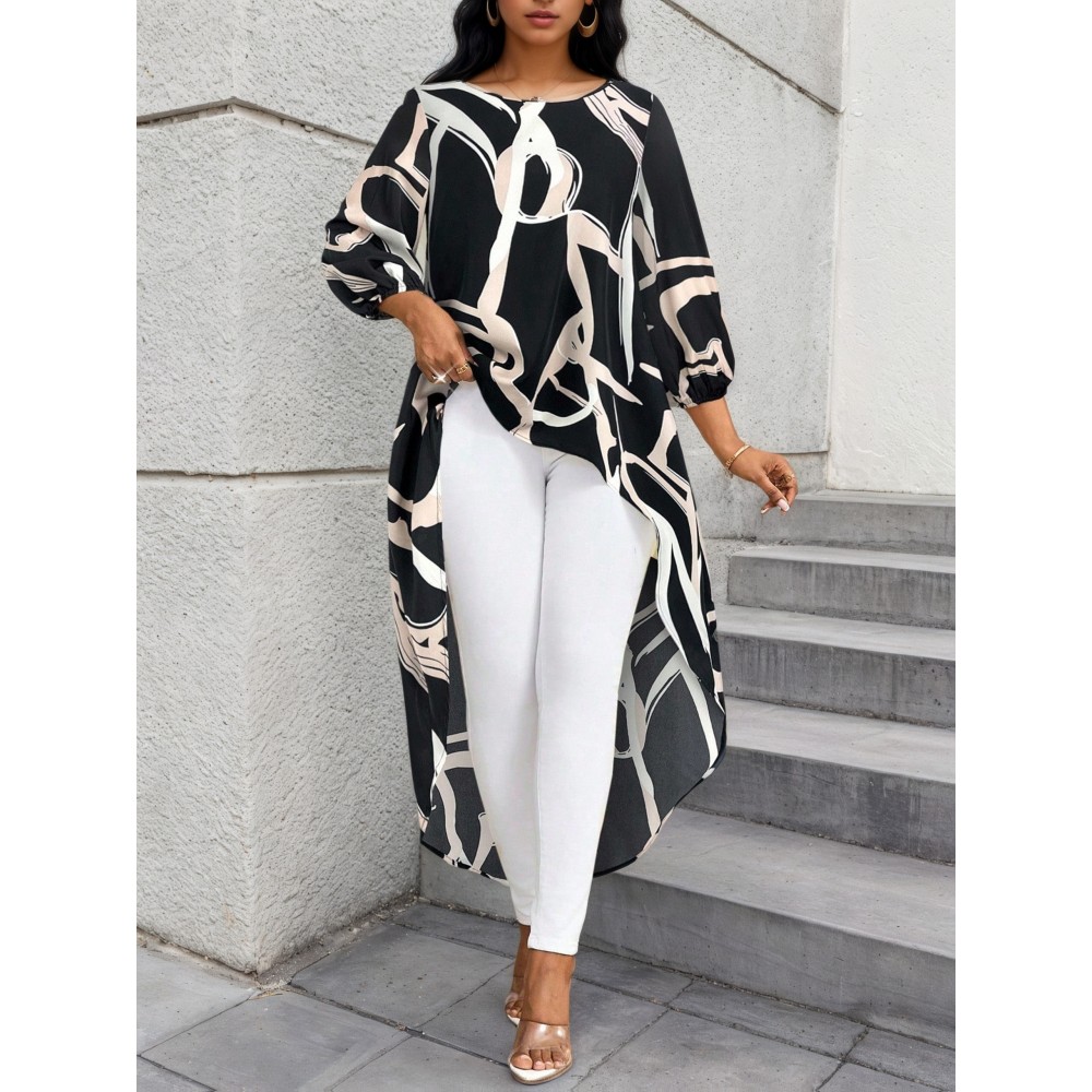 Plus Size, Plus Size Women's Elegant Oversized Asymmetrical Hem Blazer-like Jacket - Black/White/Beige/ Geometric Print Long Sleeve Coat, Machine Washable Loose-Fit Top for Spring/Fall, Casual & Formal Events (No Chest Padding)