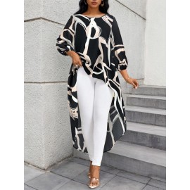 Plus Size, Plus Size Women's Elegant Oversized Asymmetrical Hem Blazer-like Jacket - Black/White/Beige/ Geometric Print Long Sleeve Coat, Machine Washable Loose-Fit Top for Spring/Fall, Casual & Formal Events (No Chest Padding)
