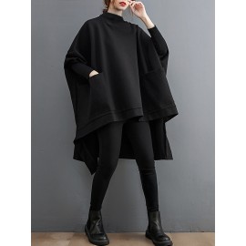 Plus Size - Plus Size Women'S High Neck Batwing Sleeve T-Shirt - Stretchy Fleece-Lined Mid-Length Top with Asymmetrical Hem, Casual Chic Solid Color Design for Fall/Winter, Versatile Layering Piece, Winter Clothing | Asymmetrical Hemline