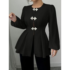 Plus Size, Women's Plus Size Chinese-Style French Button-Up Shirt with Defining Waist - A-Line Long Sleeve Round Neck Top, Solid Color Elegant Blouse for Fall Wardrobe, Machine Washable & all-Season Wear (No transparency)
