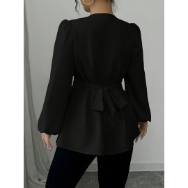 Plus Size, Women's Plus Size Chinese-Style French Button-Up Shirt with Defining Waist - A-Line Long Sleeve Round Neck Top, Solid Color Elegant Blouse for Fall Wardrobe, Machine Washable & all-Season Wear (No transparency)