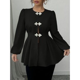 Plus Size, Women's Plus Size Chinese-Style French Button-Up Shirt with Defining Waist - A-Line Long Sleeve Round Neck Top, Solid Color Elegant Blouse for Fall Wardrobe, Machine Washable & all-Season Wear (No transparency)