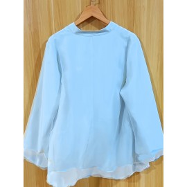 [Plus Size Chiffon Shirt] Plus Size Elegant Long-Sleeve Chiffon Shirt | High-Density, Soft Lining, Flowing Mesh, Henley Neckline, Smooth Tailoring | Spring & Autumn Outings