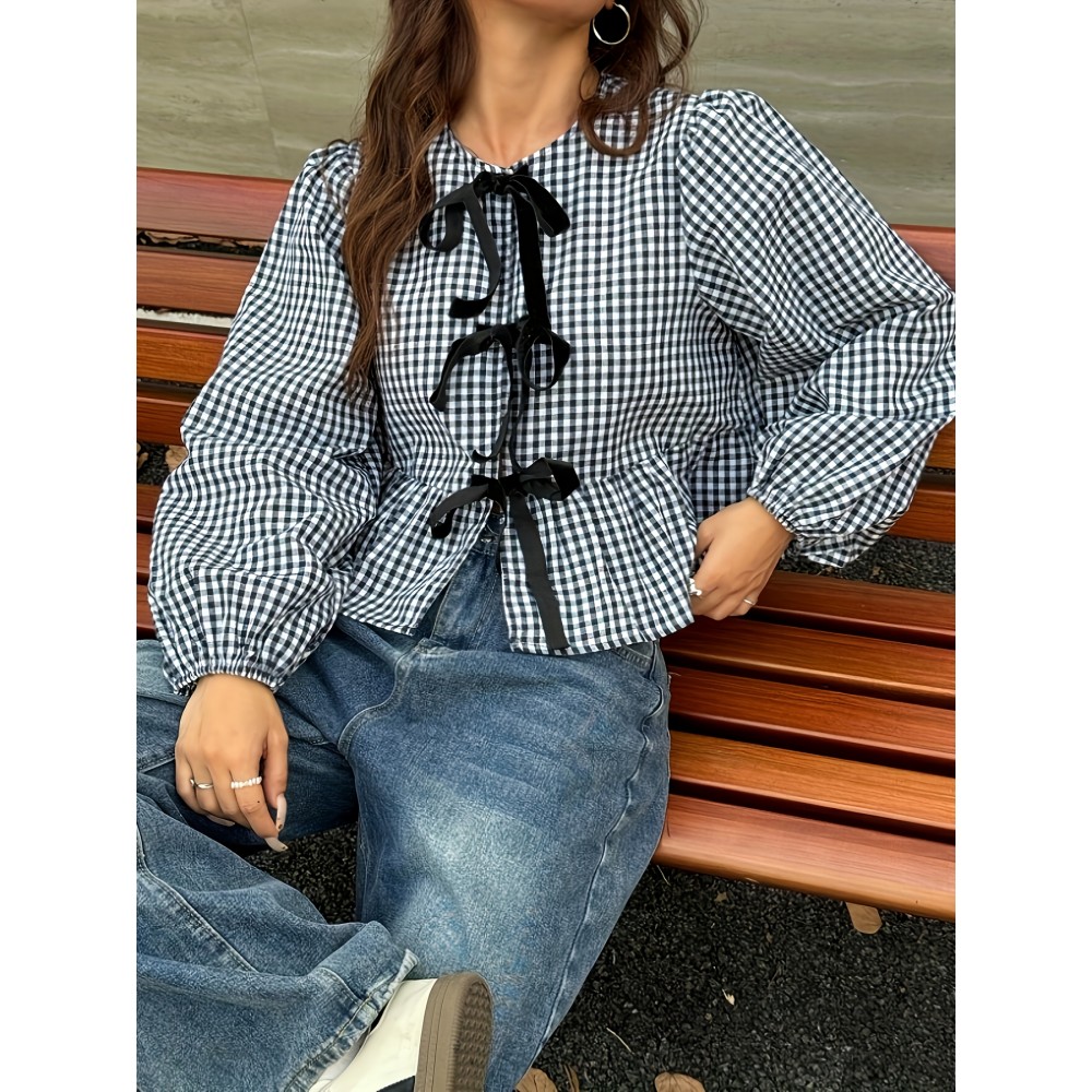 Plus Size - Women'S Plus Size Checkered Lace-Up Blouse - Casual Long Sleeve Crew Neck Top with Tie Detail, Black & White Gingham Pattern, Loose Fit for Spring/Summer/Fall, Plus Size Blouses