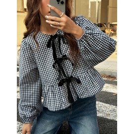 Plus Size - Women'S Plus Size Checkered Lace-Up Blouse - Casual Long Sleeve Crew Neck Top with Tie Detail, Black & White Gingham Pattern, Loose Fit for Spring/Summer/Fall, Plus Size Blouses