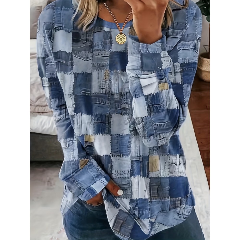 Plus Size, [Denim Print/Imitation Denim] Plus Size Women's Casual Imitation Denim Print Long Sleeve Top - Blue & White Grid Pattern with Golden Accents, Medium Stretch Round Neck, Contrast Cuffs, Autumn/Winter Versatile Layering Piece, Denim Top, Layering Fashion, Soft Texture Fabric