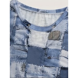 Plus Size, [Denim Print/Imitation Denim] Plus Size Women's Casual Imitation Denim Print Long Sleeve Top - Blue & White Grid Pattern with Golden Accents, Medium Stretch Round Neck, Contrast Cuffs, Autumn/Winter Versatile Layering Piece, Denim Top, Layering Fashion, Soft Texture Fabric