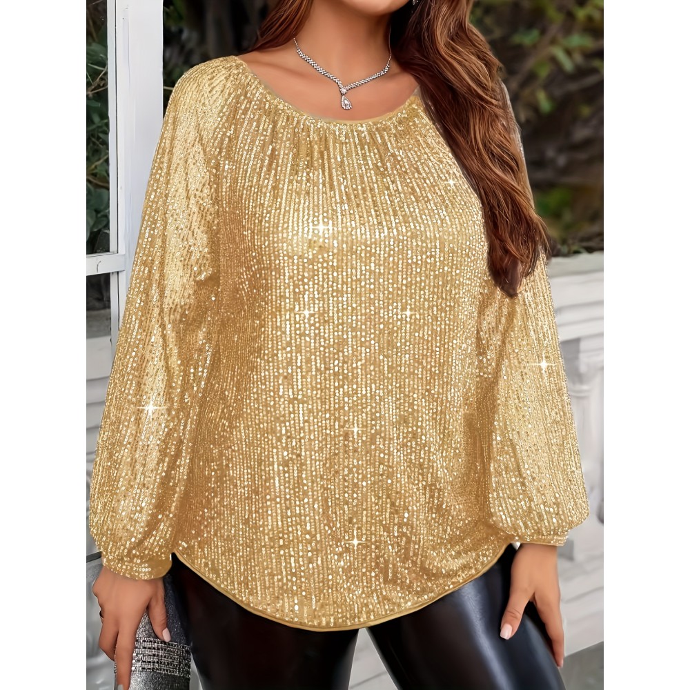 Plus Size - Women'S Elegant Golden Sequin Blouse with Ruffled Sleeves - Round Neck, Long Sleeve, Stretchy Blend, Perfect for Casual or Formal Occasions, Formal Attire | Ruffled Sleeve Top | Blend, Plus Size Sequin Top For Women, Plus Size Women Top, Plus Size Women Blouse, Plus Size Women Clothes, Plus Size Women, Top For Women Plus Size, Lady Plus Size Top